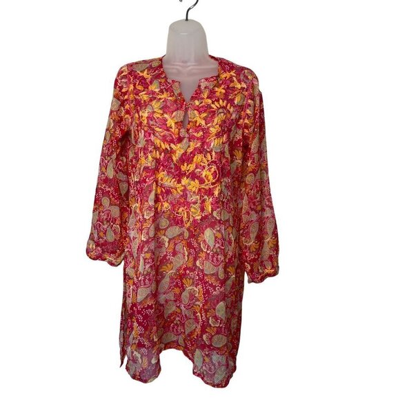 Raj Womens 100% Silk Long Sleeve Floral Tunic Cover-Up SZ L Boho Peasant - Picture 1 of 13